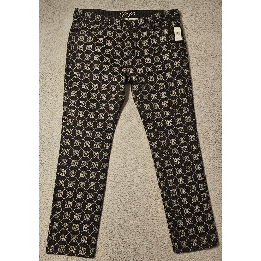 PRPS Demon Slim Straight Jeans Black Monogram Logo Print Denim Mens 42 E107P242